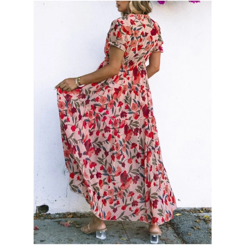 Boho Floral Print V neck Puff Sleeve Maxi Dress - Picture 3 of 3